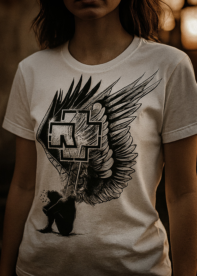 Young woman wearing a Rammstein T-Shirt with an illustration of a black and white angel.