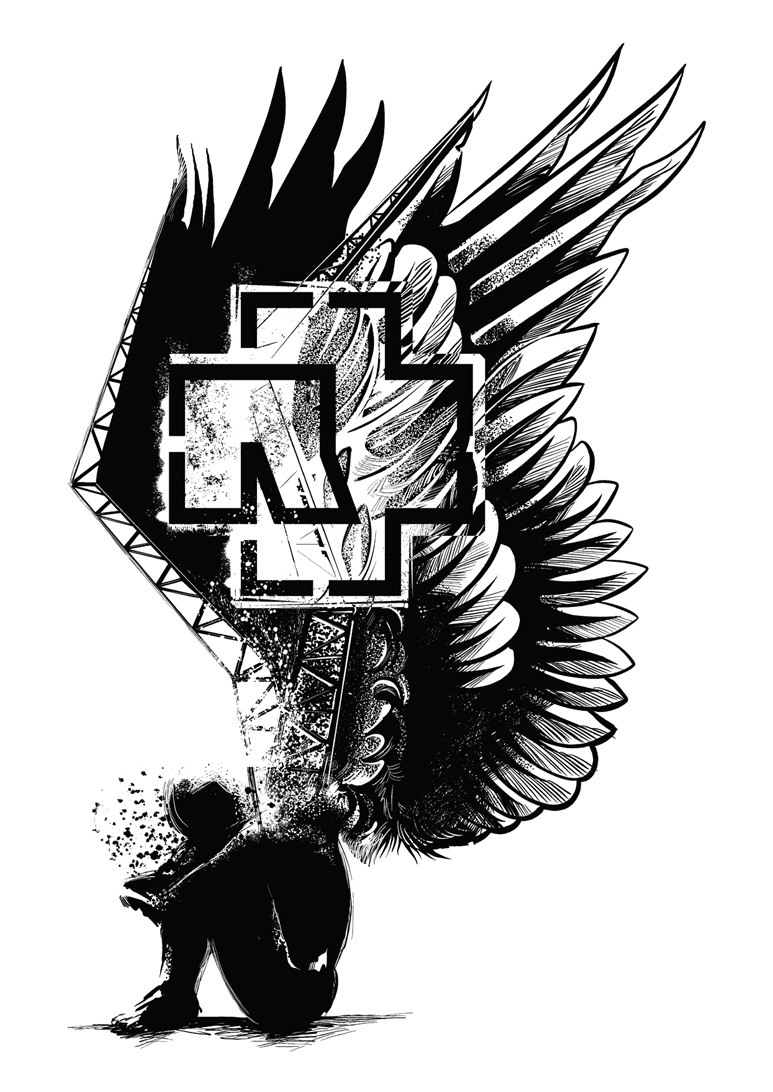 Black and white ink and pen illustration of an angel in a crouched seated position.