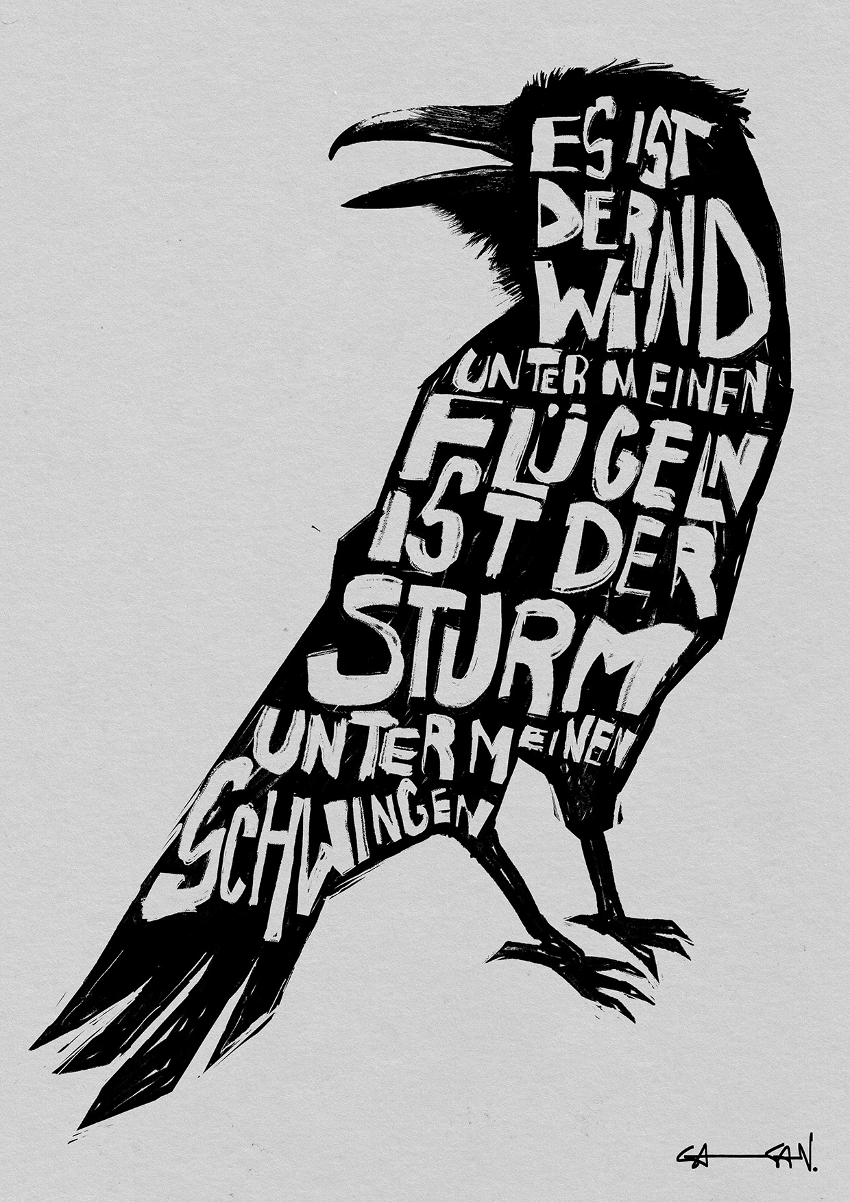 Black ink illustration of a raven with typography merged onto its body.