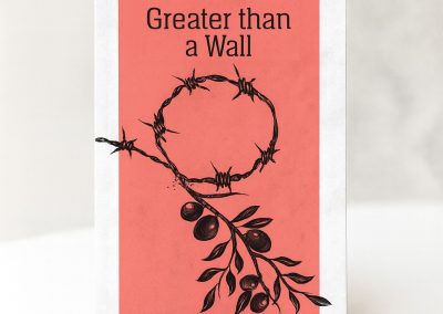 Book cover illustration of an olive tree branch and barb wire