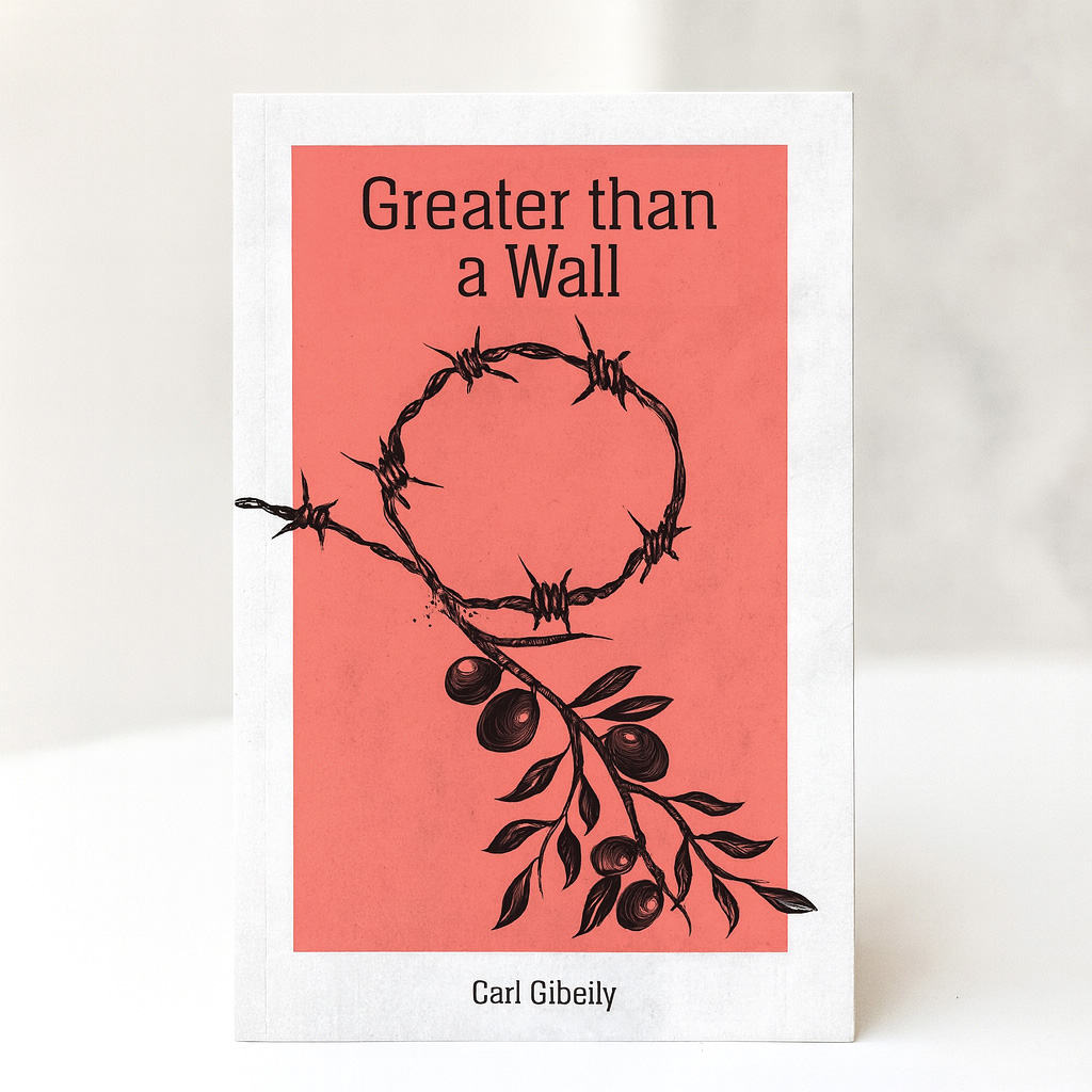 Book cover illustration of an olive tree branch and barb wire