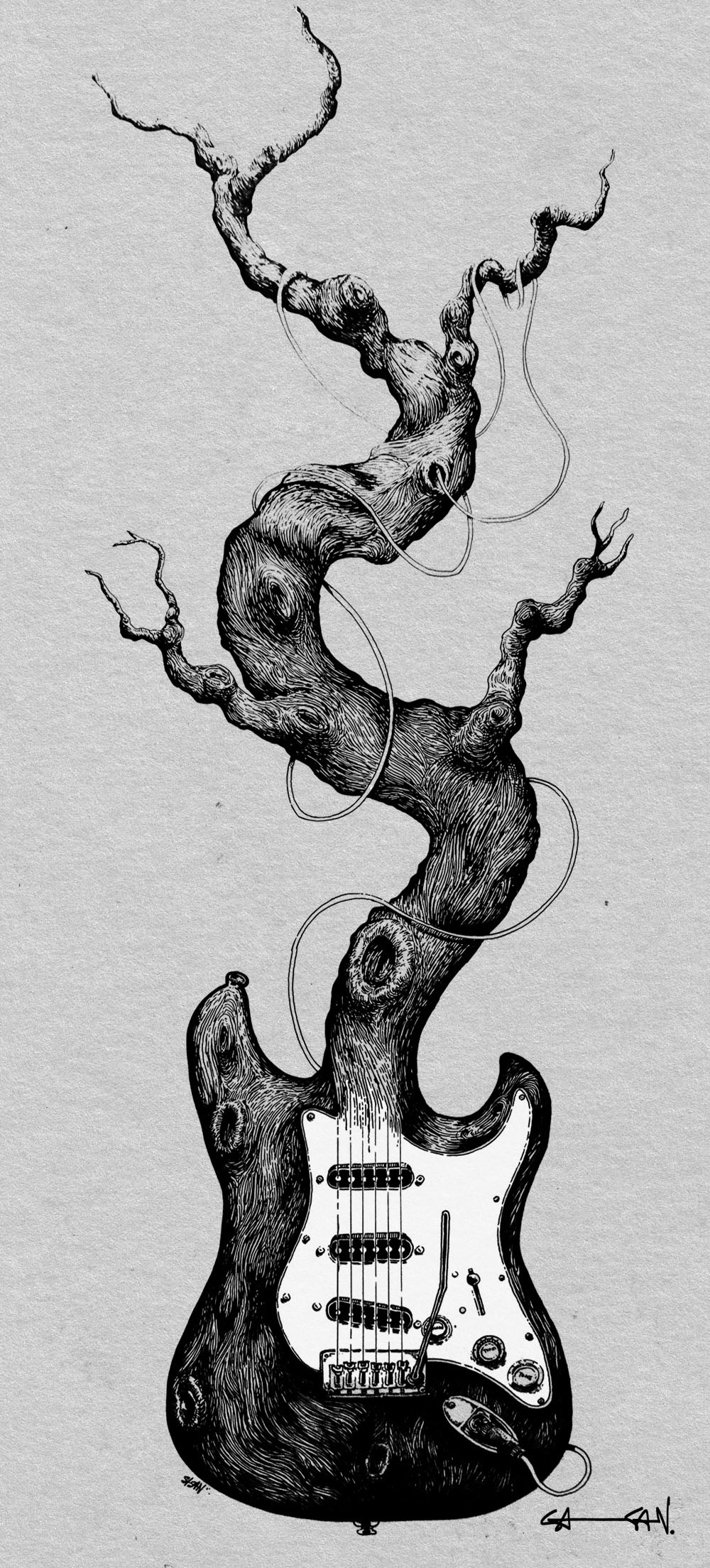 Detailed pen and ink illustration of an electric guitar which slowly transform into a wooden branch.