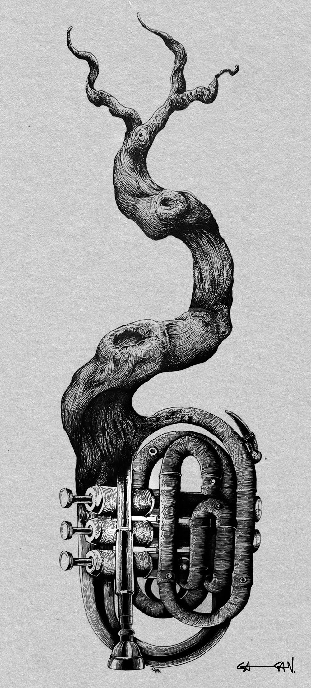 Detailed pen and ink illustration of a French horn guitar which slowly transform into a wooden branch.