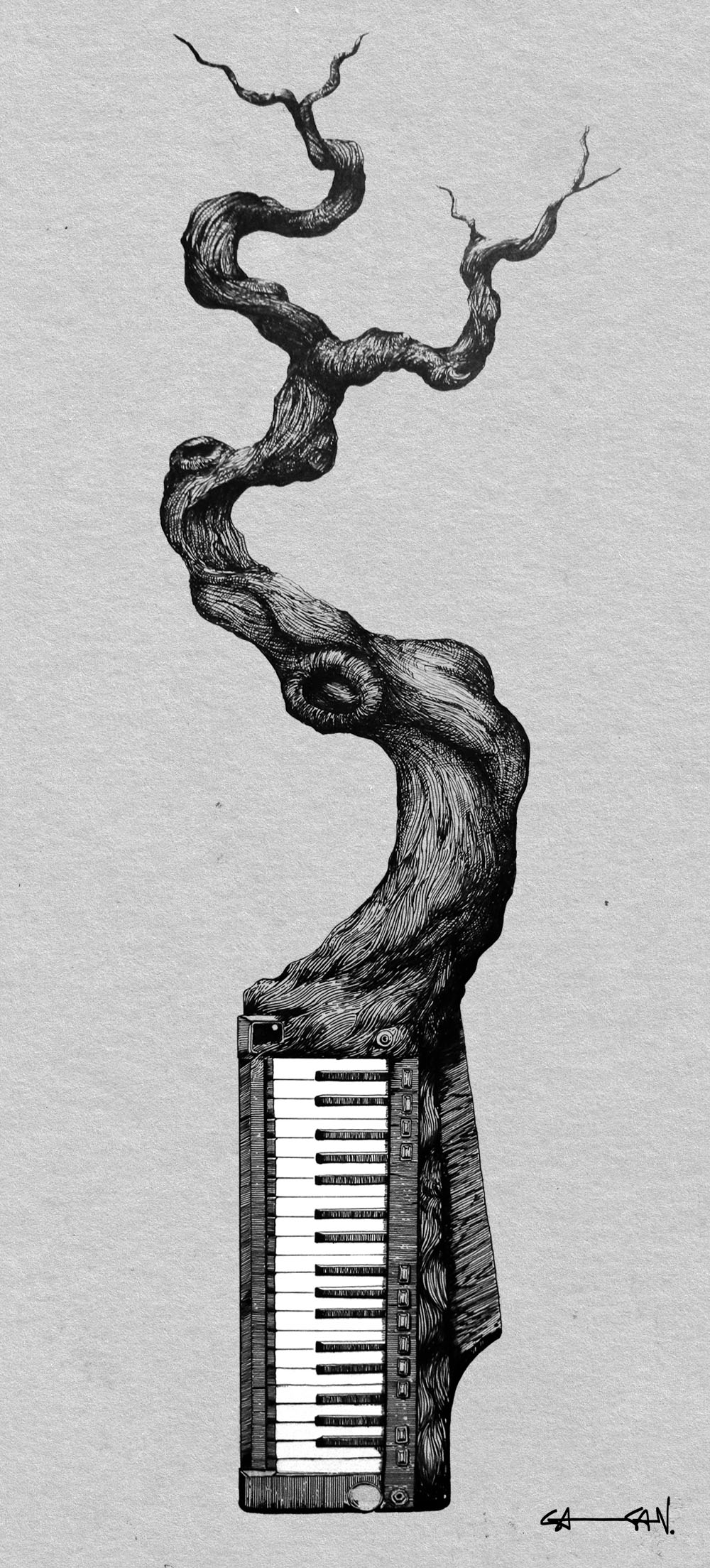Detailed pen and ink illustration of a piano keyboard which slowly transform into a wooden branch.