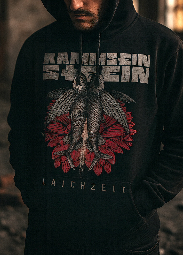 A young man inside an industrial building wearing a black hoodie with a Rammstein Design printed on the front