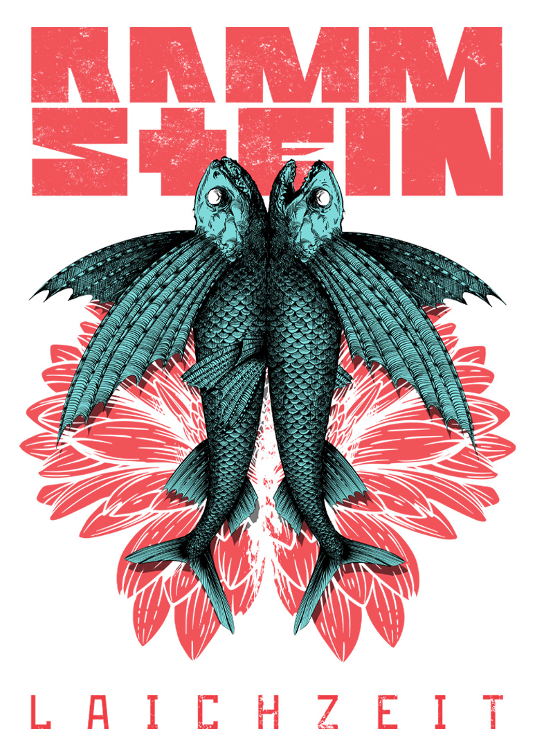 Pen and ink illustration of the flying fish which are connected at the bellies. The words Rammstein and Laichzeit are written.