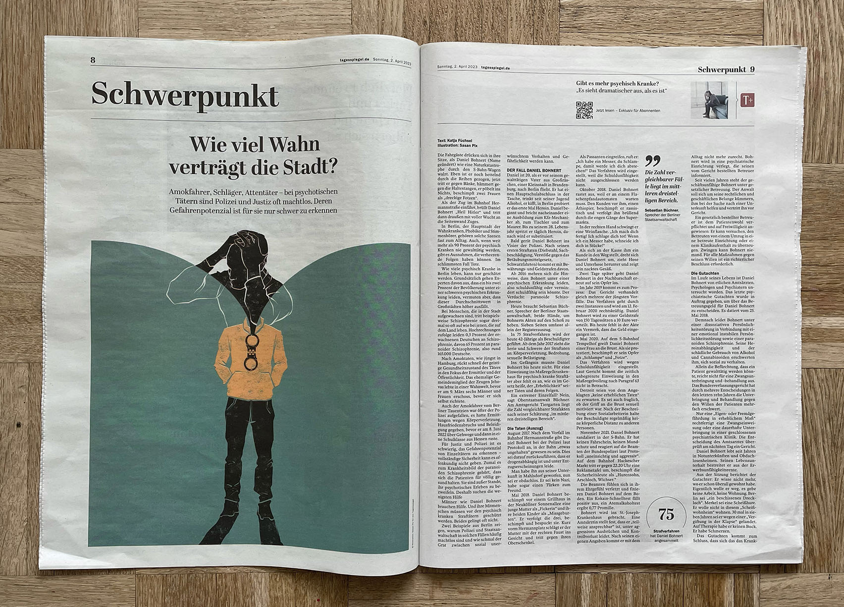 Illustration for an article on mental health and crime in the city of Berlin for German newspaper Tagesspiegel.
