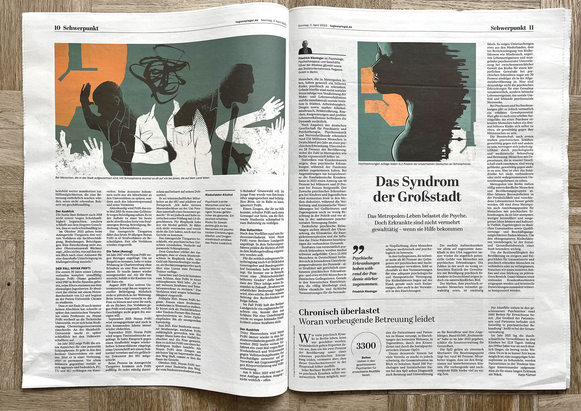 Illustration for an article on mental health and crime in the city of Berlin for German newspaper Tagesspiegel.