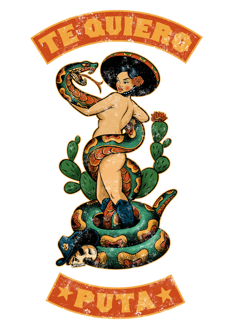Illustration of a pin up girl wearing a cowboy hat battling with a large snake. The words Te Quire are written above.