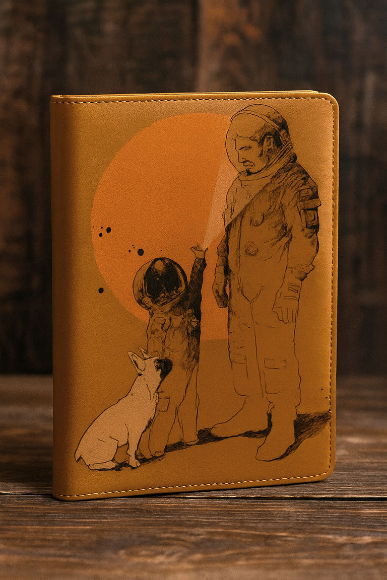 Illustration of a father and son in Astronaut costumes with a French bulldog printed on a leather bound notebook