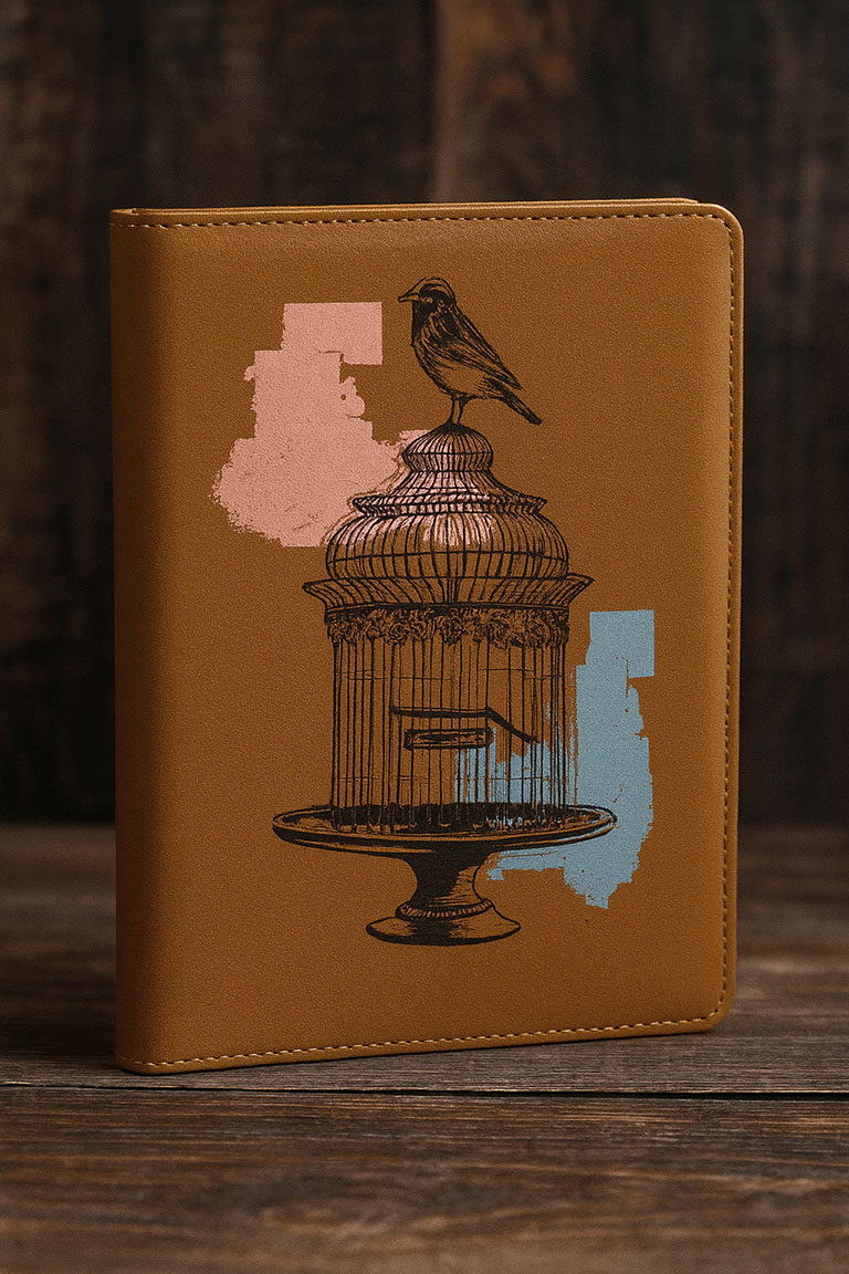 Illustration of a bird outside an open bird cage screen printed on a leather bound notebook
