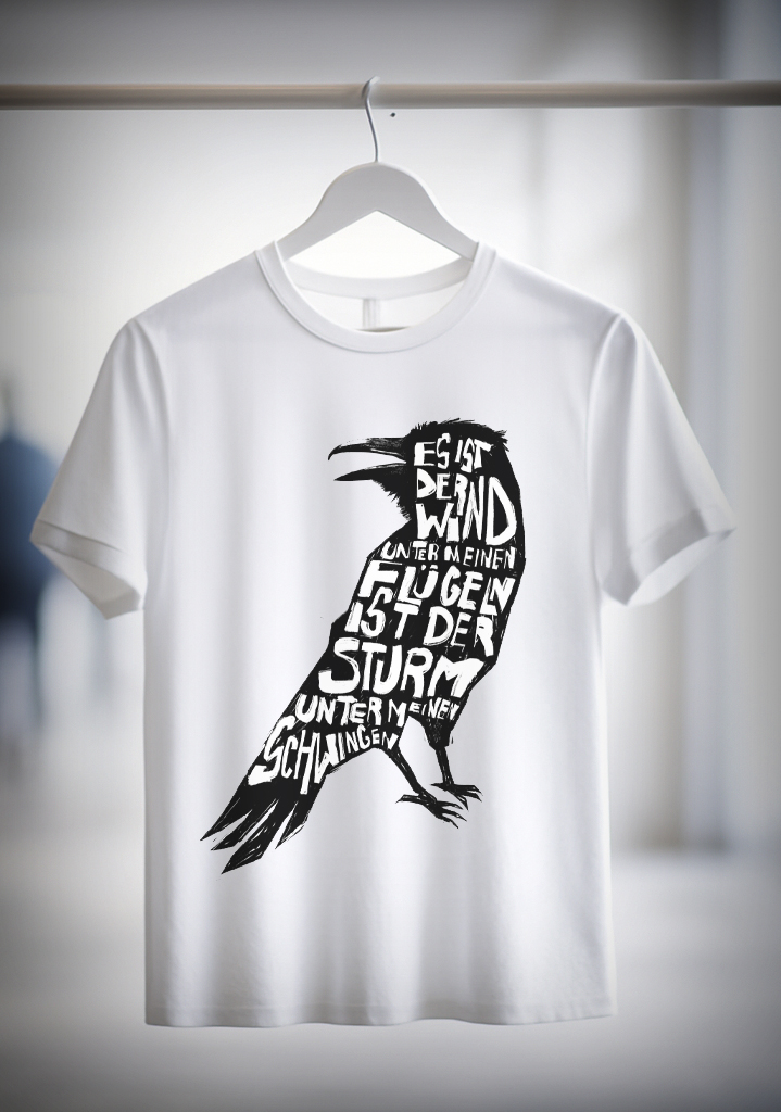 White T-Shirt with a black raven and typography print.
