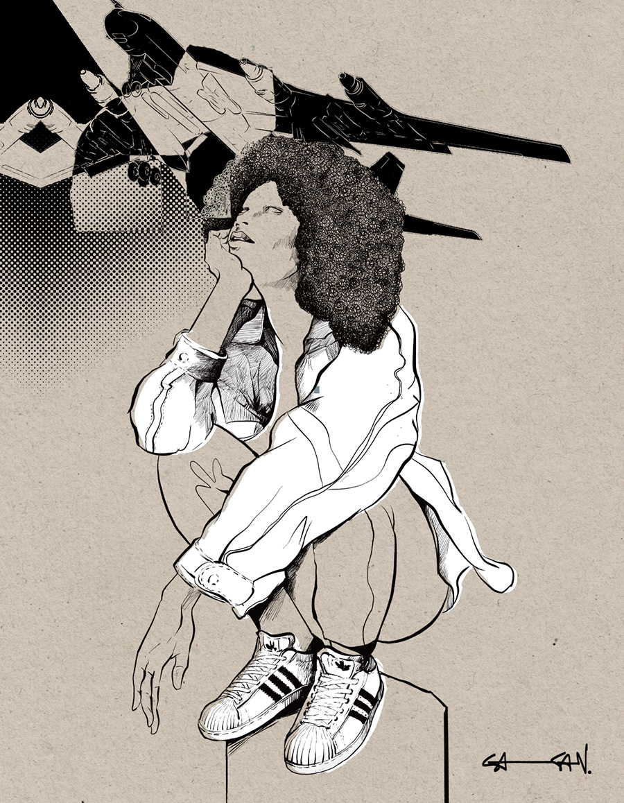 Illustration of a girl in a squat position looking at the sky where a Russian Tupolev flies past.