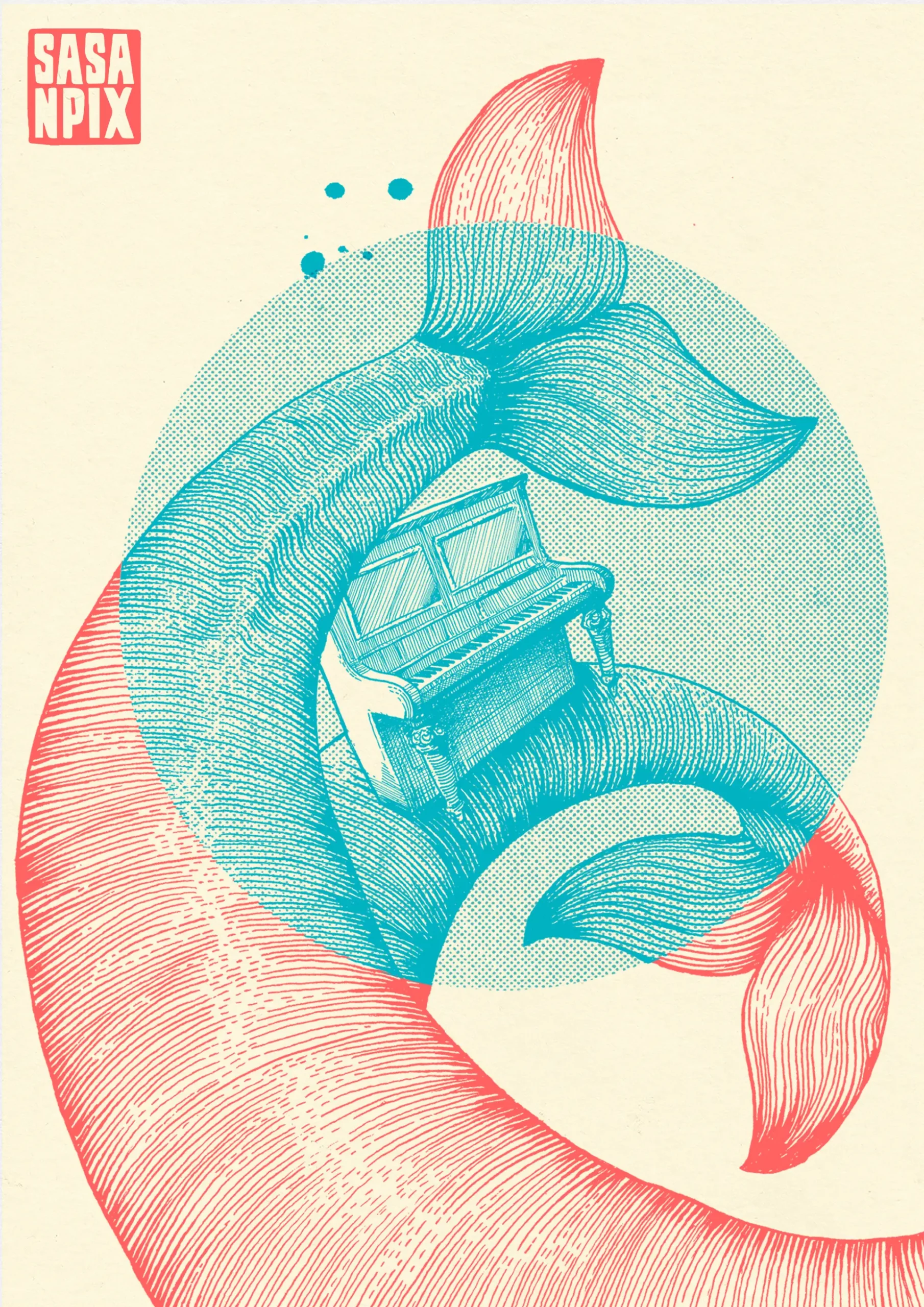Turquoise and red ink Illustration of a piano balanced on a whale's fin.