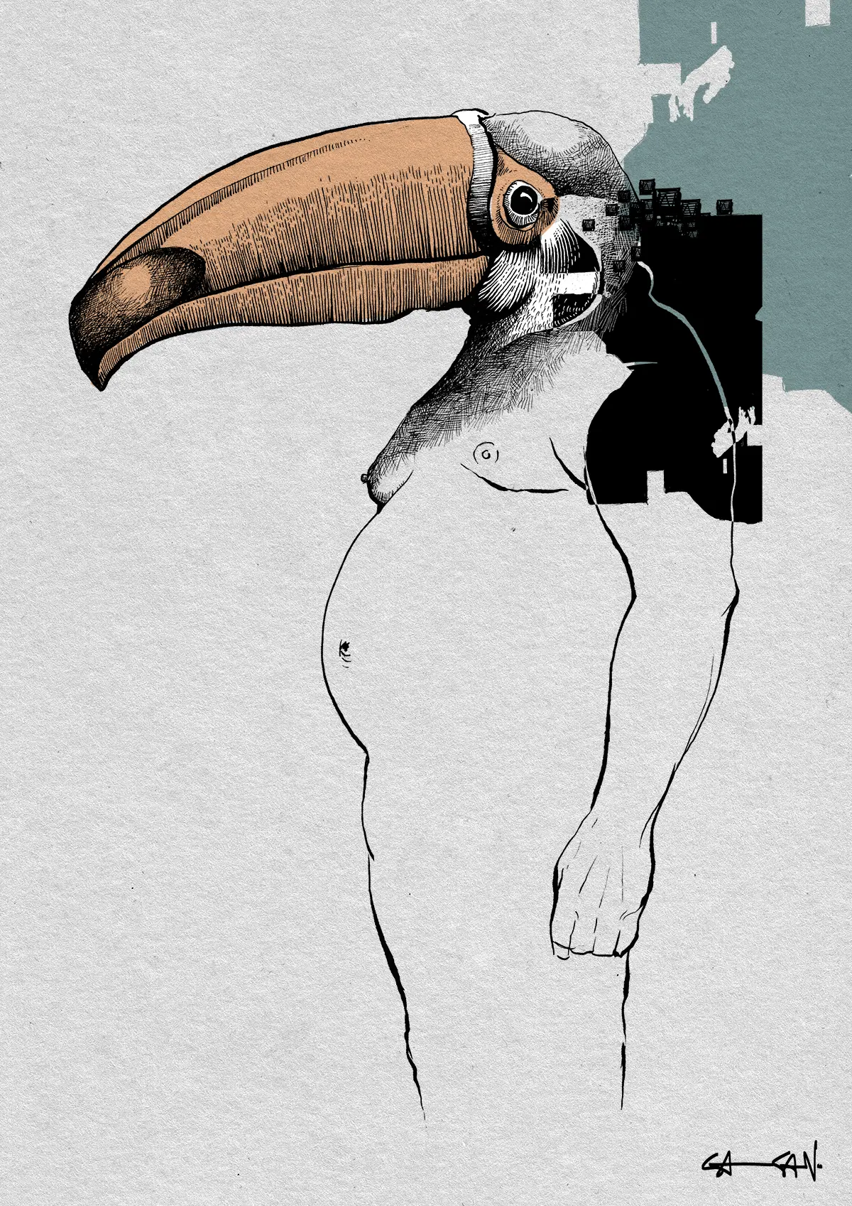 Ink illustration of a Toucan bird-man.