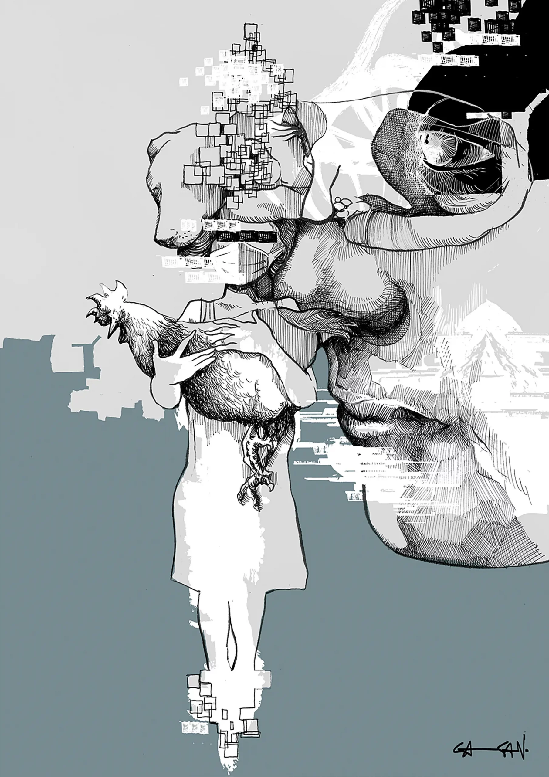 Pen and ink illustration of a girl carrying a chicken in her arms.