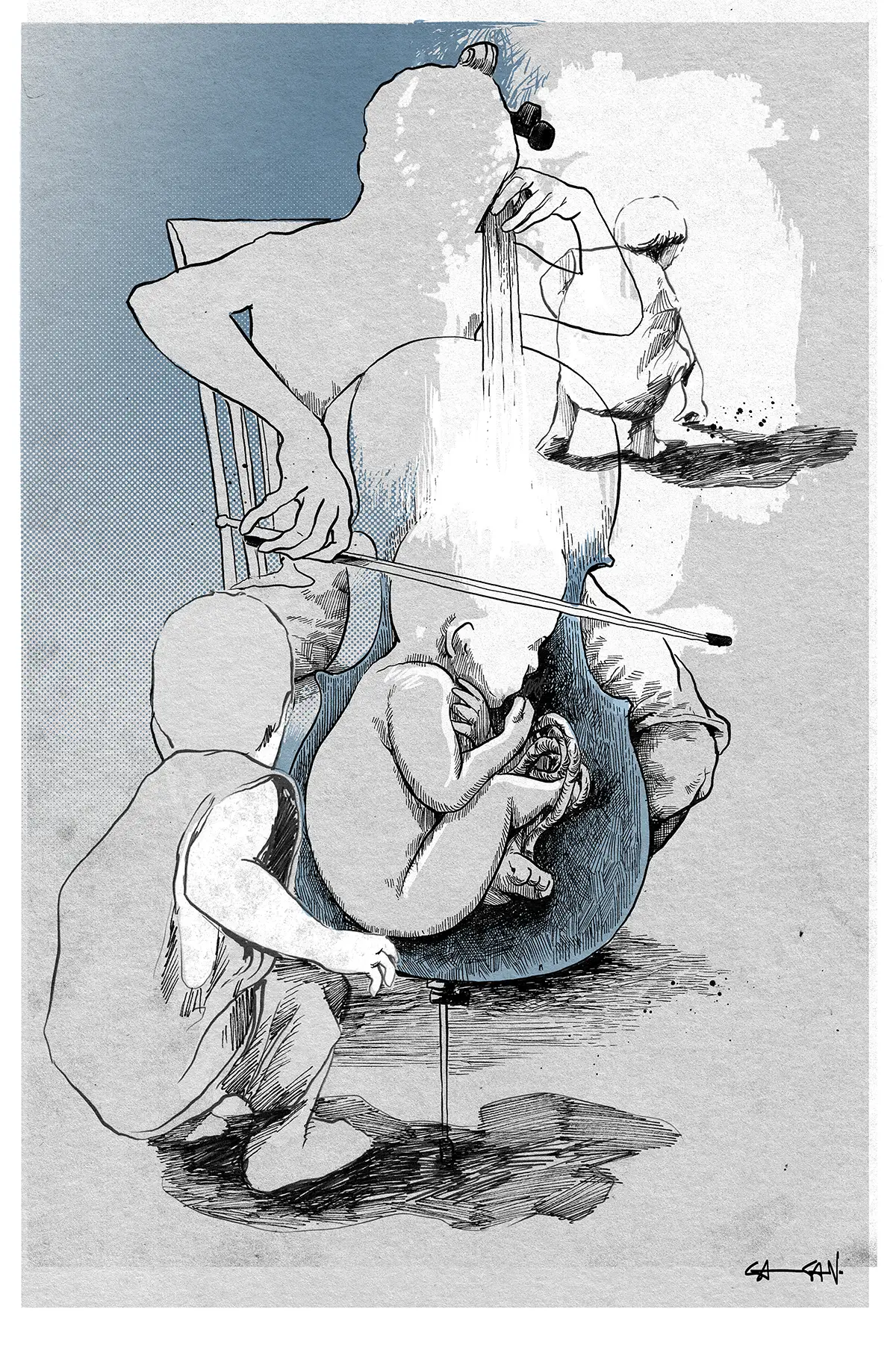 Pen and ink illustration of a woman playing Cello.