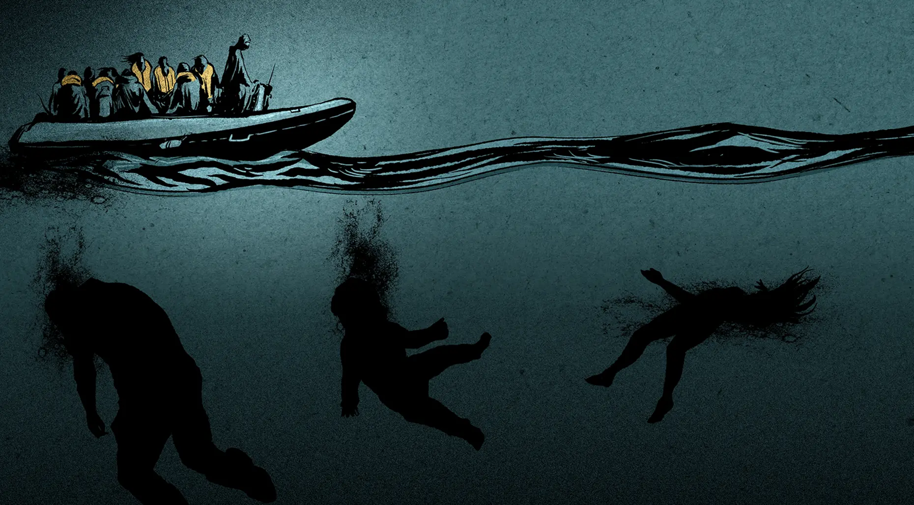 refugee_boat_illustration Book illustration of a dinghy crossing the sea with shadows of drowning refugees.