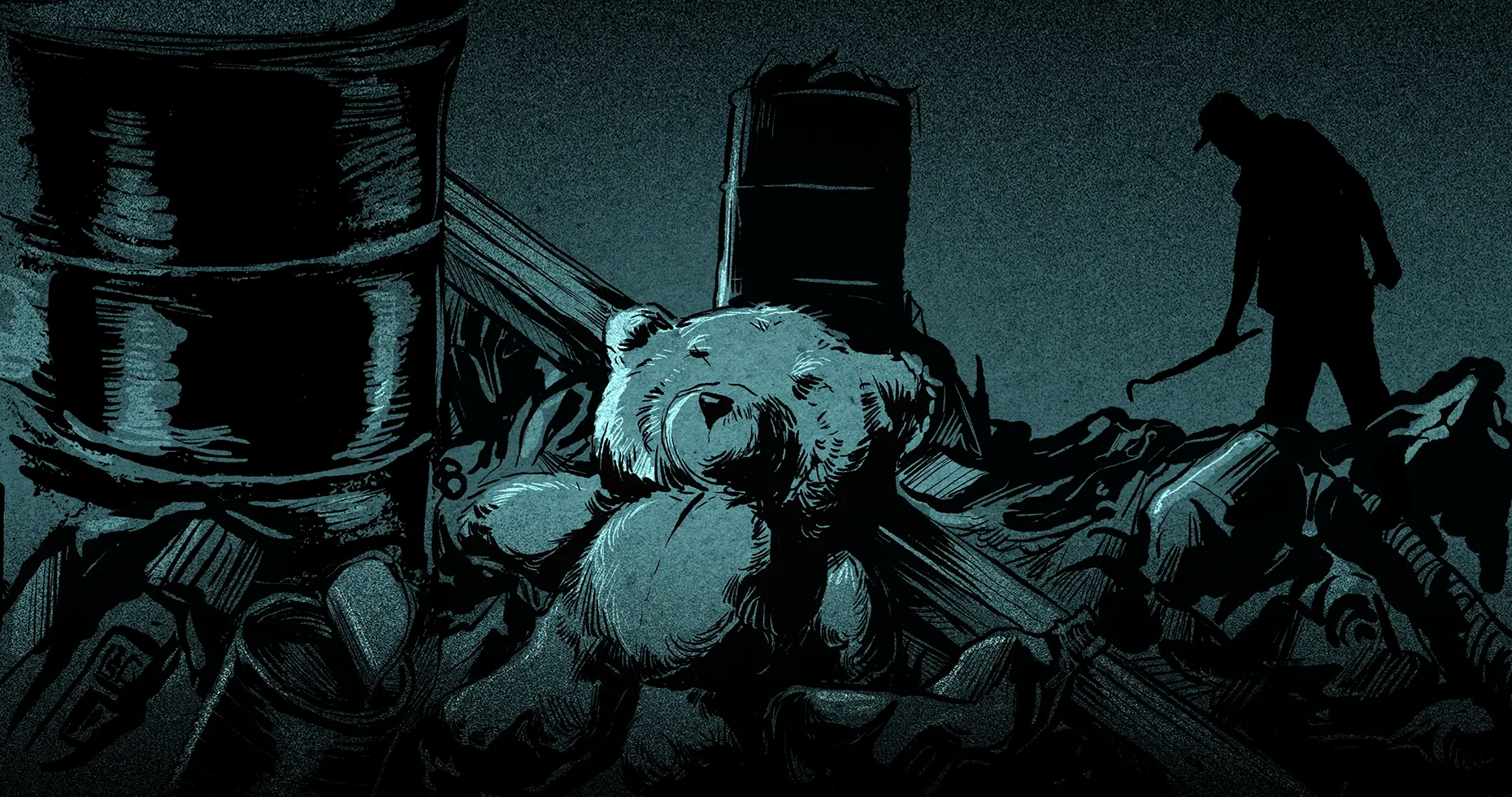 refugee_landfill_illustration Book illustrations about the Moria refugee camp. A silhouette of a man on a landfill site.