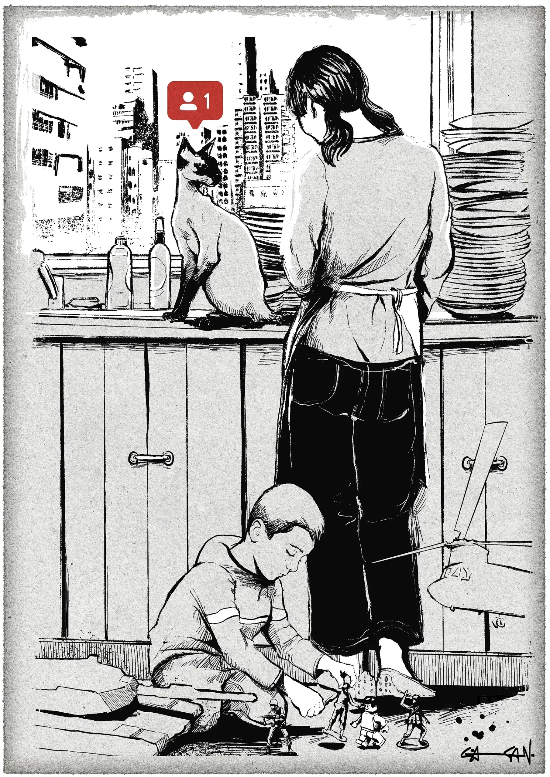 Illustration of a woman in her kitchen with a cat on the kitchen counter. Above the cats head is a follower icon.