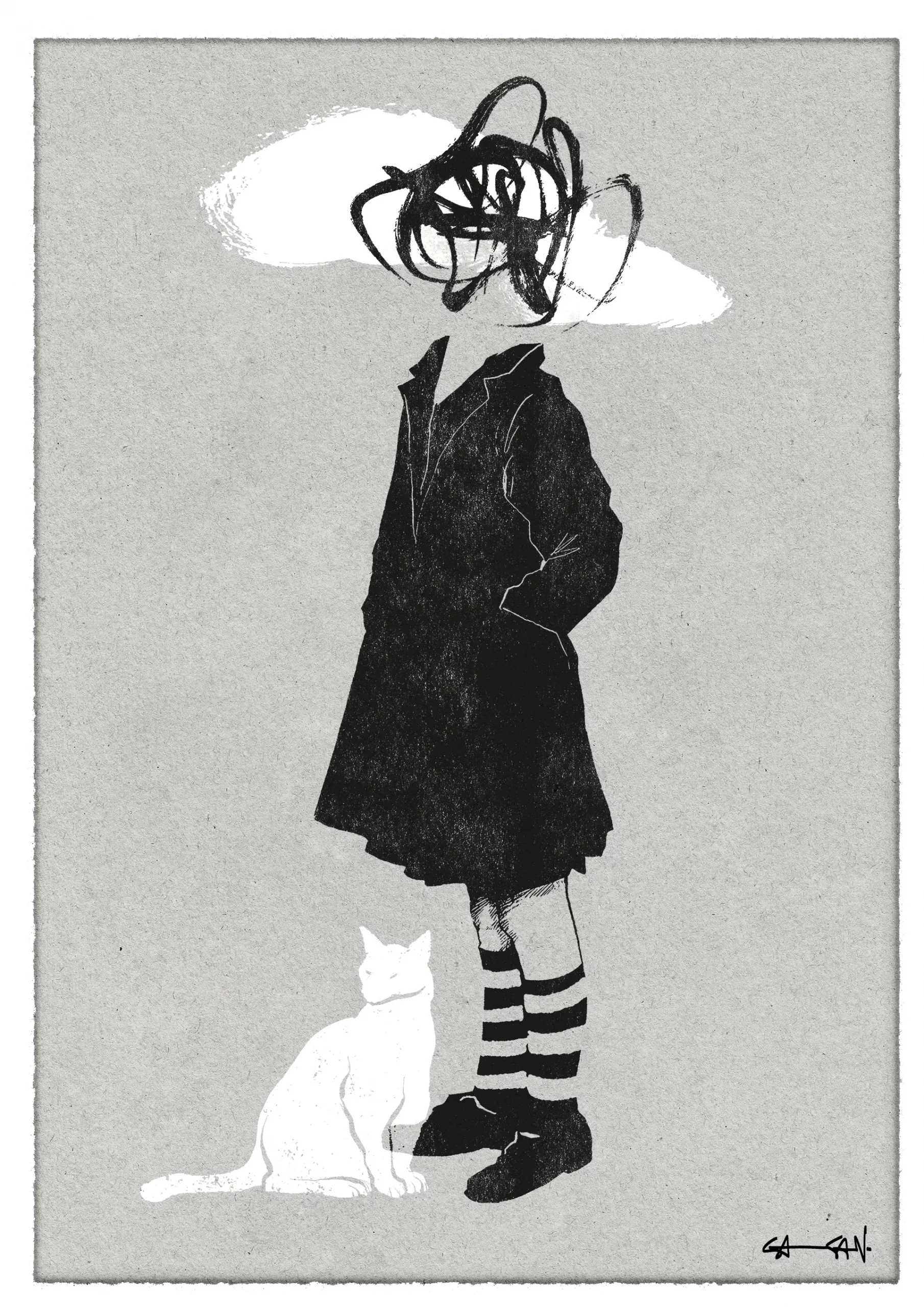 Illustration of a young melancholic girl with a white cat.