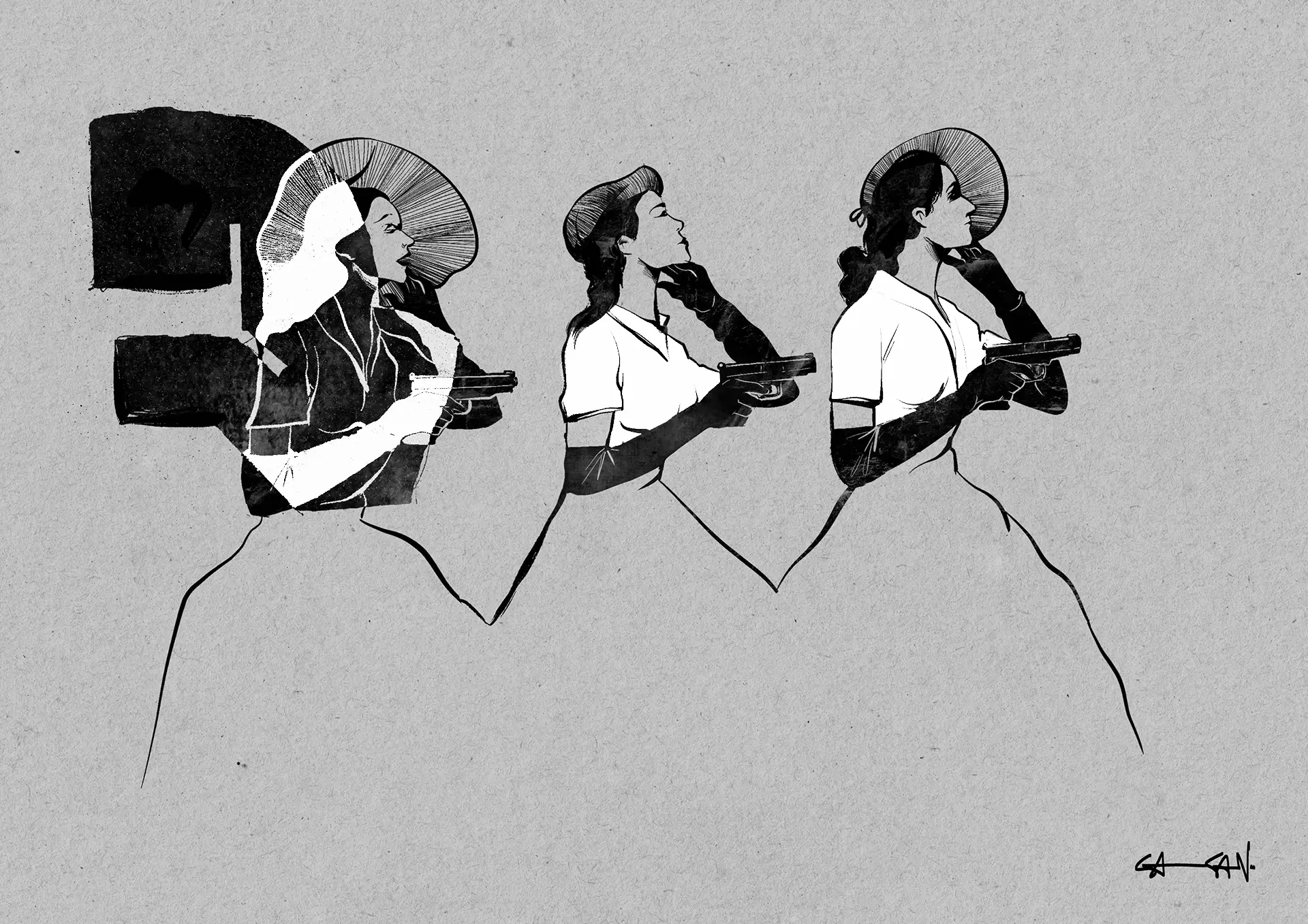 pen and ink illustration, screen print of three armed women