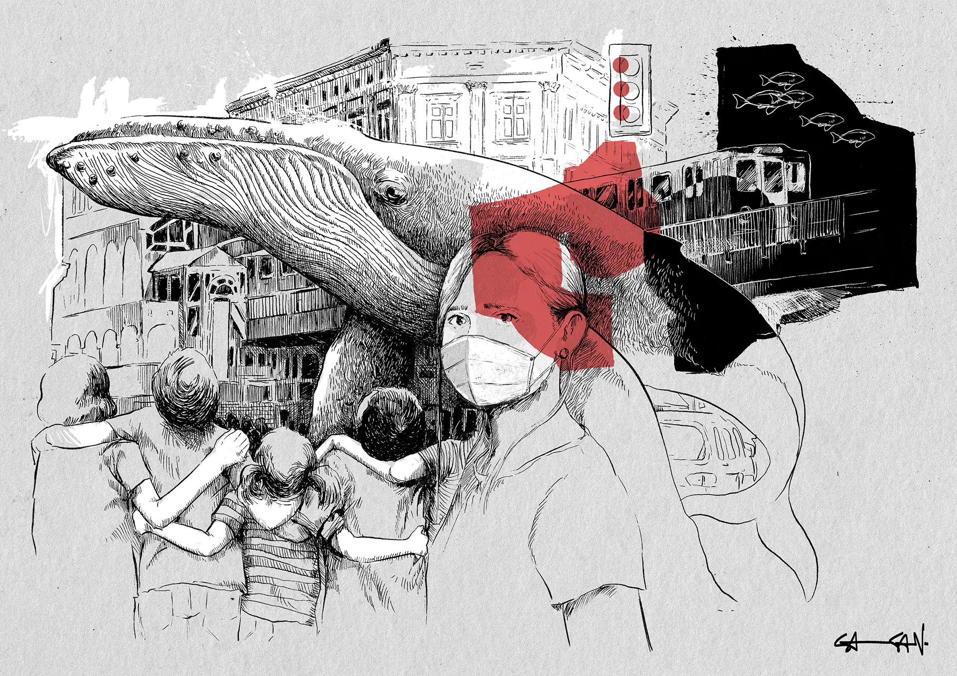 Pen and ink illustration of subway station Eberswalder Strasse.